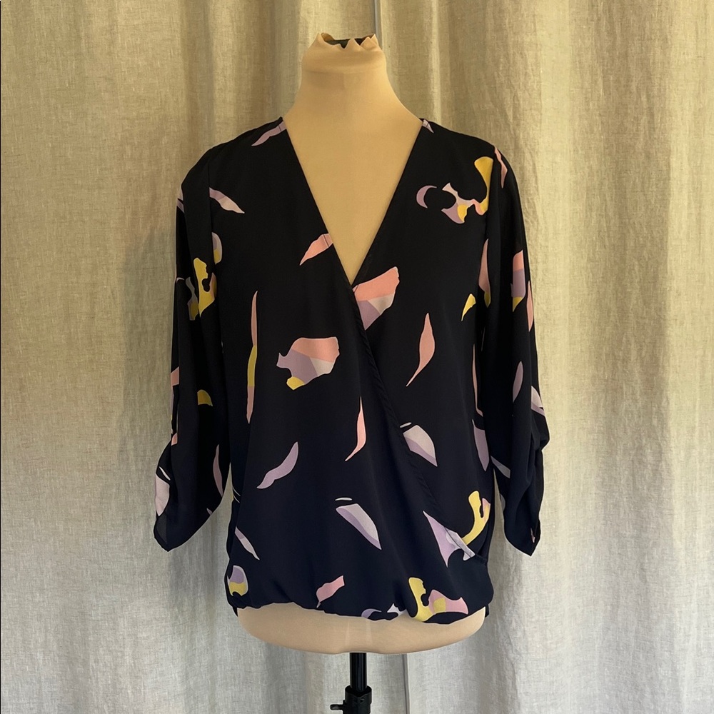 West Kei Black Blouse with Pink and Yellow Patterns